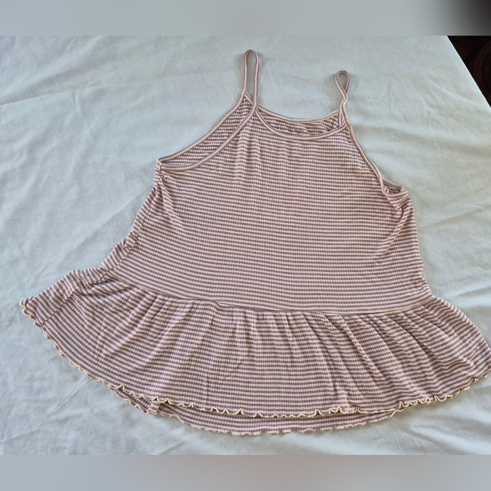 American Eagle Soft&Sexy Rib Purple Striped SpagStraps TankTop Ruffled Hem SizeM